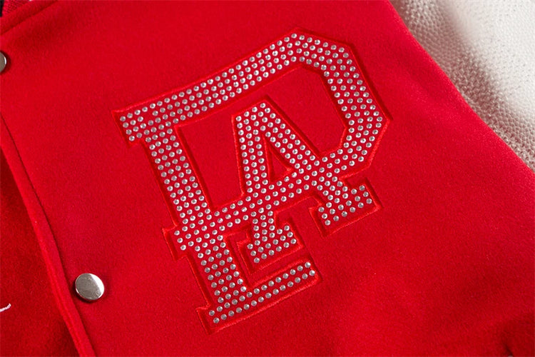 Broken Pearl Rhinestone Patchwork Leather Sleeve Baseball Jacket High Street Casual Loose Jacket Street Hip-hop Rock Fashion