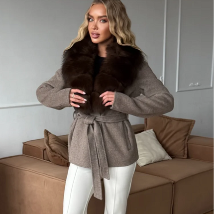Solid Color Big Fur Collar Tied Woolen Jacket Fashion Waist Cinching Long Sleeved Short Coat 2026 Autumn Street Daily Clothing
