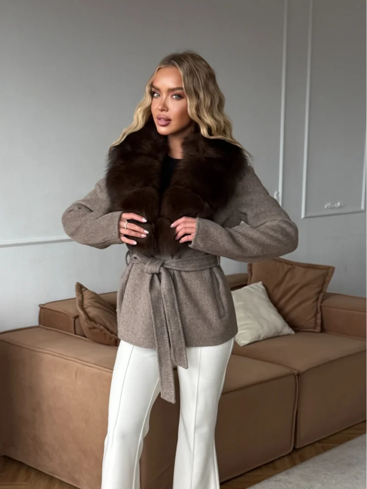 Solid Color Big Fur Collar Tied Woolen Jacket Fashion Waist Cinching Long Sleeved Short Coat 2026 Autumn Street Daily Clothing