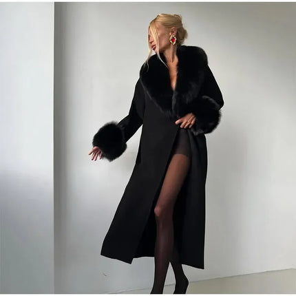 Retro Black Fur Patchwork Woolen Coat Women Chic Full Sleeve V-neck Lace Up Loose Long Overcoat 2025 Lady Winter Commute Outwear