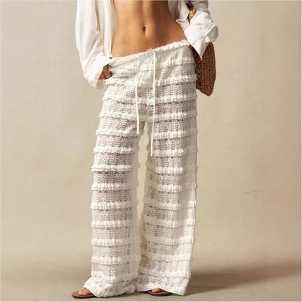 Pantaloni Estivi 2026 Casual Larghi a Gamba Larga in Maglia Tinta Unita da Donna per Vacanze e Spiaggia Stile Semplice Trasparenti platinumshop