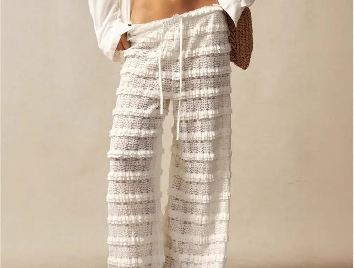 Pantaloni Estivi 2026 Casual Larghi a Gamba Larga in Maglia Tinta Unita da Donna per Vacanze e Spiaggia Stile Semplice Trasparenti platinumshop
