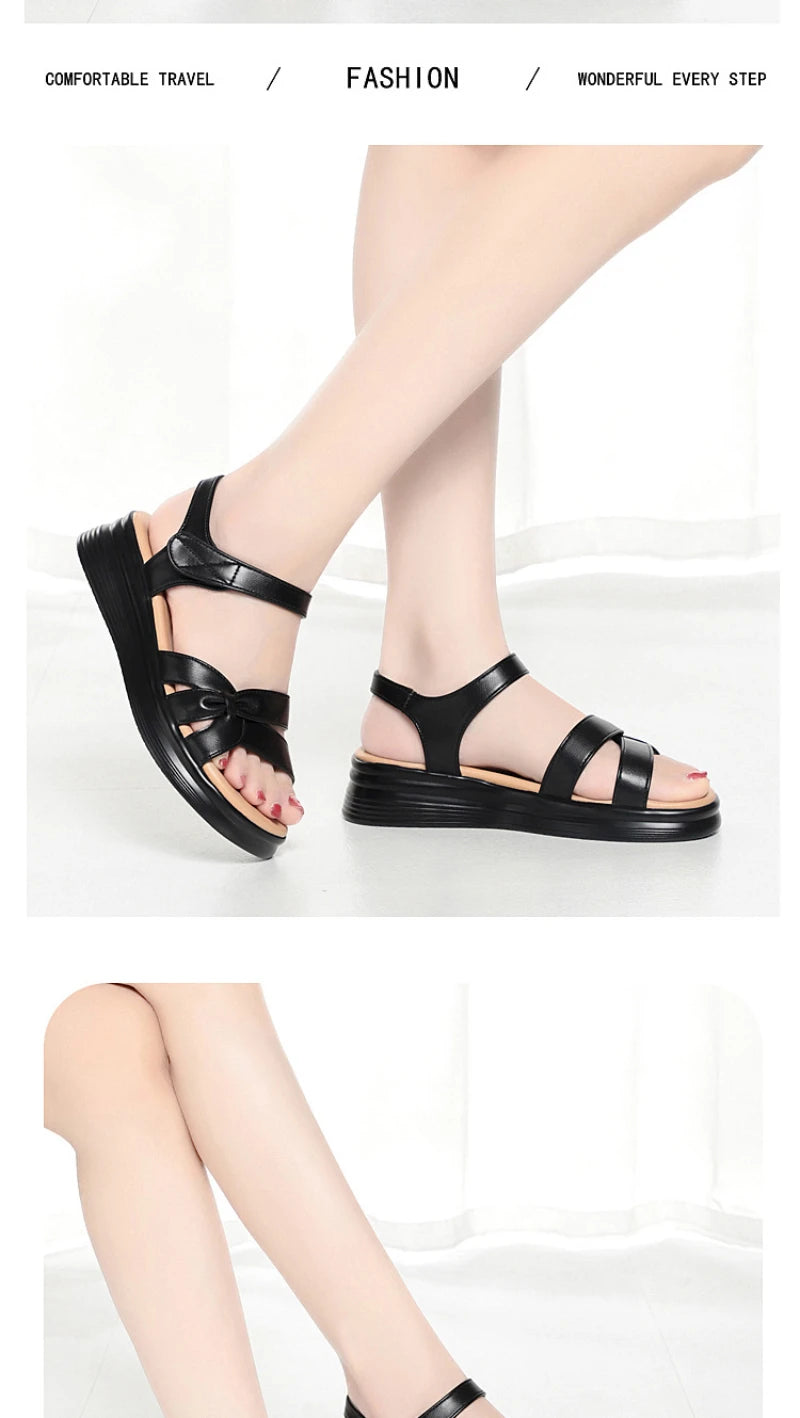 Mom's Shoes Sandals Going Out Flat Summer New Comfortable Lightweight Versatile Leather Sandals For Middle-Aged Elderly People