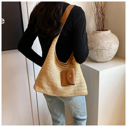 Hand-Woven Large Capacity Tote Bag for Women, Fashionable Commuter Bag, INS Style, Beach Bag for Daily Travel