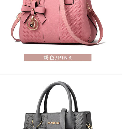 Bow Metal Pendant Top Handle Satchel Crossbody Bag, PU Leather Textured Bag Purse, Classic Versatile Fashion Shoulder Bag PlatiNum