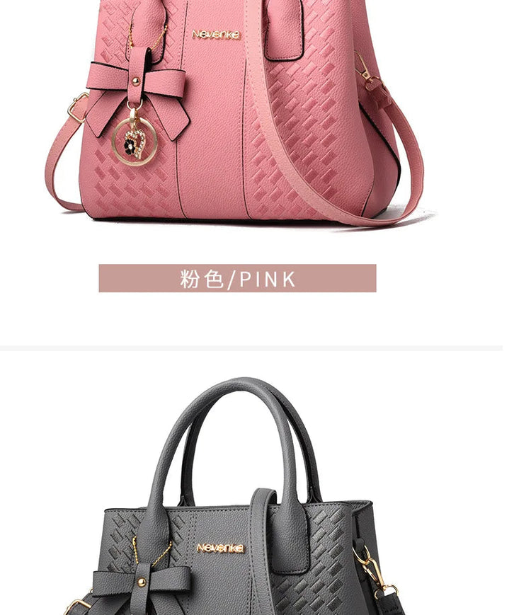 Bow Metal Pendant Top Handle Satchel Crossbody Bag, PU Leather Textured Bag Purse, Classic Versatile Fashion Shoulder Bag PlatiNum