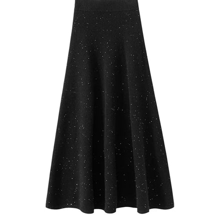Chic Women Sweater Suite Skirt 100% Cashmere A-Line Skirt Autumn Winter Wave Skirt Elastic Knee Length Dress Sequins French Knit PlatiNum