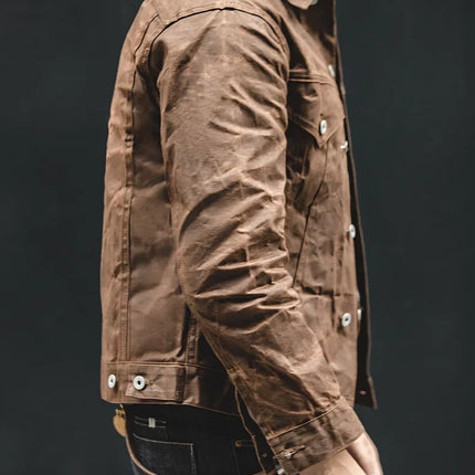 Maden Amekaji Retro Male Oil Waxed Jacket Canvas Cotton Khaki Military Uniform Light Casual Work Safari Style Coats Man Clothing
