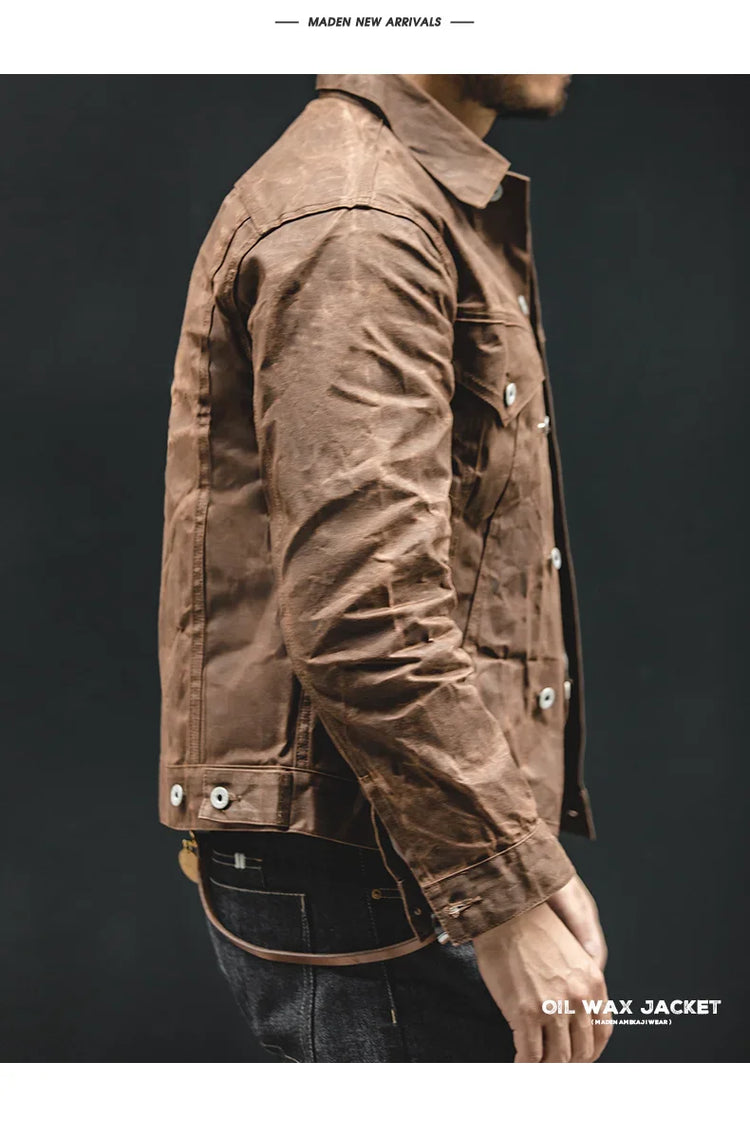Maden Amekaji Retro Male Oil Waxed Jacket Canvas Cotton Khaki Military Uniform Light Casual Work Safari Style Coats Man Clothing