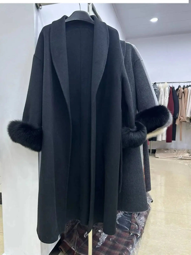 BJTZ Fox Fur Classic Long Double-Sided Pure Wool Coat For Women 2025 New Autumn Winter High-End Woolen Jacket