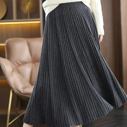 100% Merino Wool Women’s Knitted Skirt Spring Autumn Winter  Long Pleated Grace Skirts High Waist A-Line Cashmere Comfortable PlatiNum