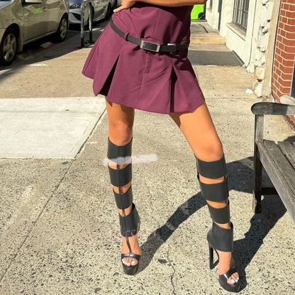 Cut Outs Platform Sandals Thin High Heels Solid Zipper Knee High Women Summer Shoes Open Toe Sexy Style Casual Party Designer