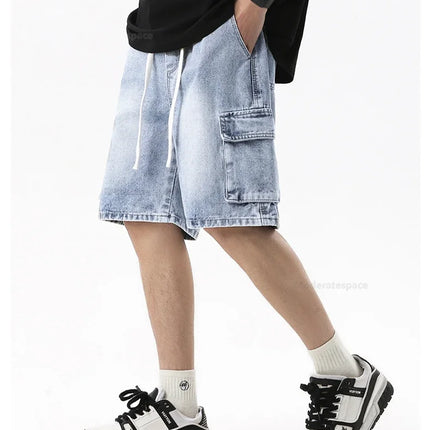 Pantaloncini di jeans alla moda retrò estivi per uomo Jeans corti multitasche larghi con gamba dritta con elastico in vita e coulisse da uomo