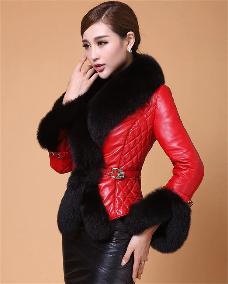 Leather Jacket Women Coat Faux Fox Fur Collar Short Coat PU Leather New Winter Female Jacket Elegant Motorcycle Zipper Outerwear