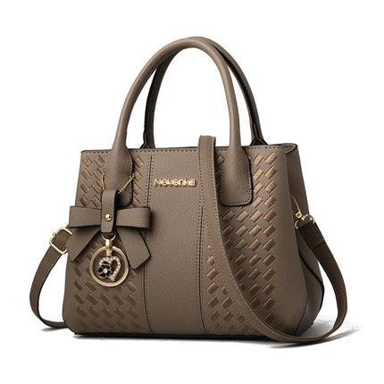 Bow Metal Pendant Top Handle Satchel Crossbody Bag, PU Leather Textured Bag Purse, Classic Versatile Fashion Shoulder Bag PlatiNum