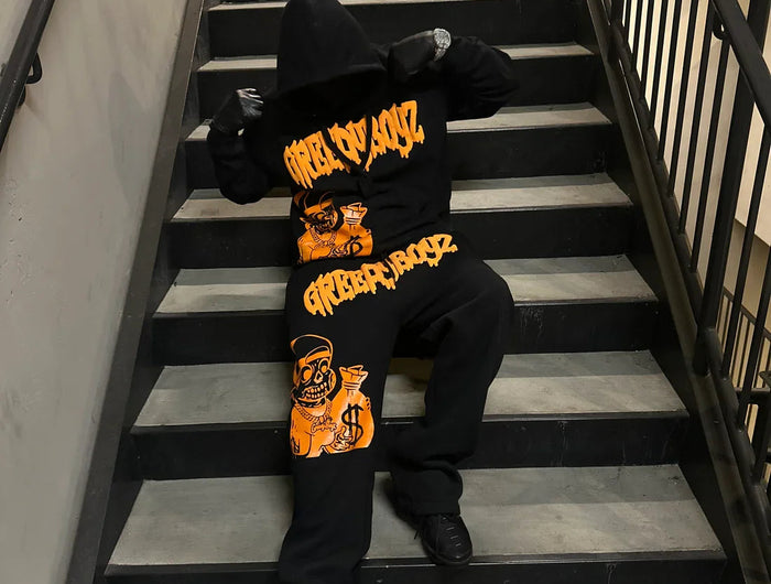 Street Hip Hop Style Money Skull Print Men Hoodie Set Black Bold Print Oversized Fashionable Versatile Hoodie Streetwear Fashion PlatiNum