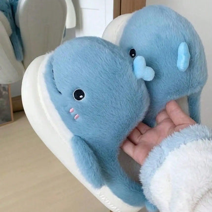 Simpatiche balene inverno nuove donne pantofola tacco morbido piattaforma pelliccia calda coperta comoda casa soffici pantofole da casa
