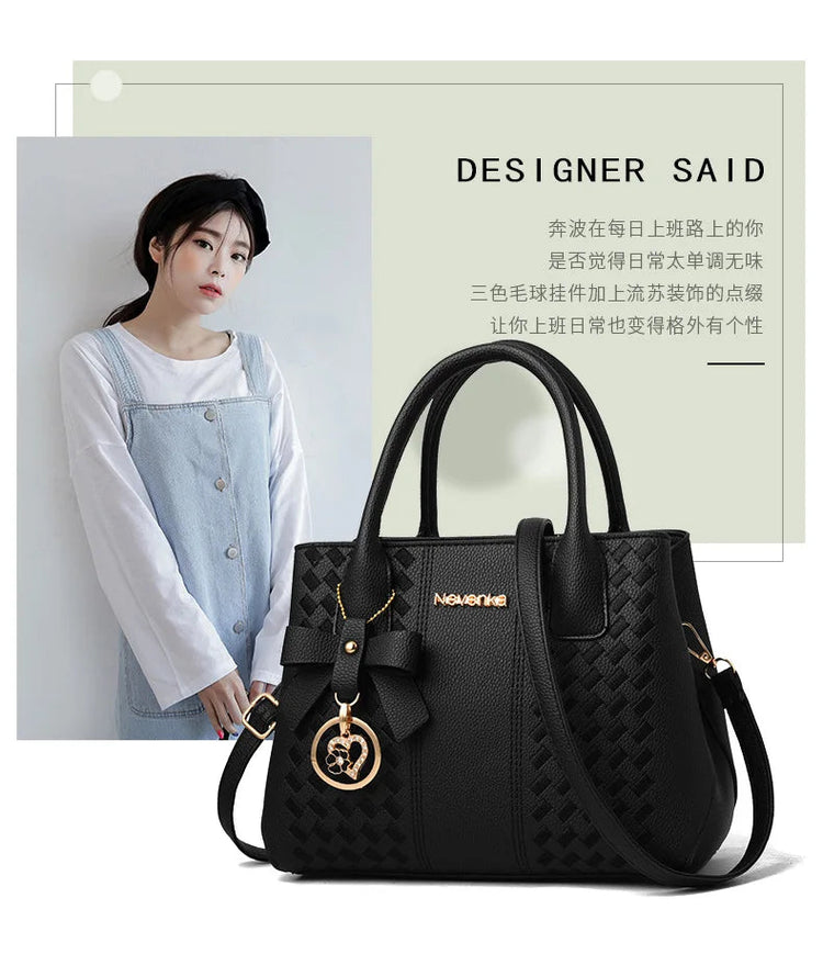 Bow Metal Pendant Top Handle Satchel Crossbody Bag, PU Leather Textured Bag Purse, Classic Versatile Fashion Shoulder Bag PlatiNum