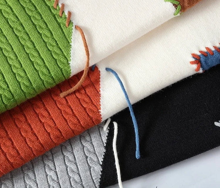 2024 Patchwork Knitted Sweater Trend High Street Autumn Winter Warm Men's Tops Hip-hop Street Clothing Fishing Sports Pullover