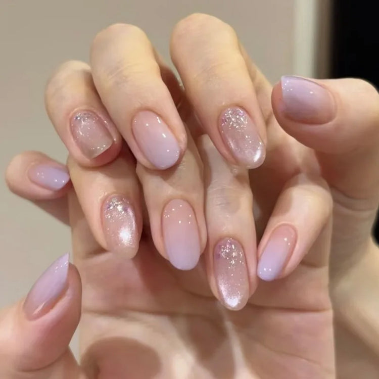 24Pcs Medium Almond Nude‑Pink 3D Textured Metallic Cat‑Eye French Sheer Press‑On False Nails For Nail Art Decor