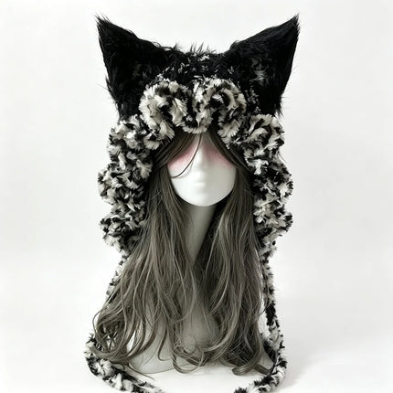 Custom Handmade Crochet Moss Green Fox Ear Hat Women Plush Floral Knitted Beanie Men Goblincore Cosplay Forest Winter Warm Hood