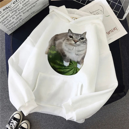Cute Watermelon Cat Silly Cat Meme Printed Hoodies 90s Casual Sweatshirts Graphic Y2k Hooded Women's Gothic Streetwear Clothes