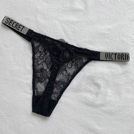 Satin Letter Rhinestone G-String Women Underwear Sexy Lace Lingerie Low Waist Seamless Panties Panties