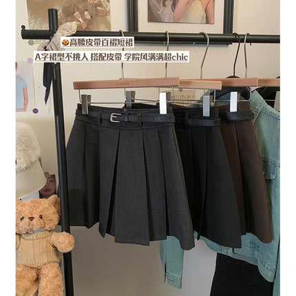 MEXZT Streetwear Woolen Mini Skirt Women Fashion Harajuku with Belt Black Pleated Skirts Fall Winter Preppy Korean A Line Faldas PlatiNum