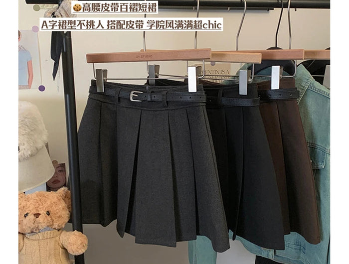 MEXZT Streetwear Woolen Mini Skirt Women Fashion Harajuku with Belt Black Pleated Skirts Fall Winter Preppy Korean A Line Faldas PlatiNum
