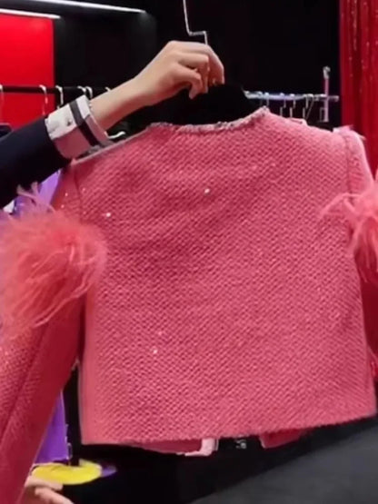 2024 Autumn Winter New Jackets Feminine Small Fragrant Short Coats Women's Feather Splicing Long Sleeve Solid Color Short Tops