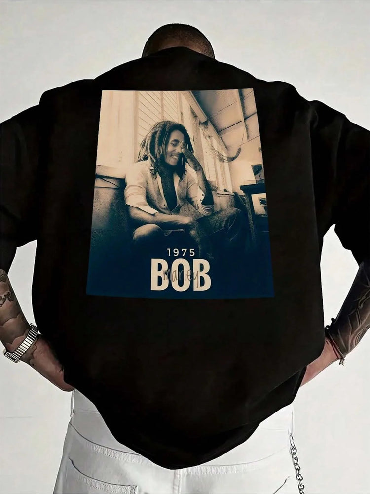 T-shirt da uomo per tutte le stagioni con motivo stampato sul retro, design Bob cantante rock hip-hop, alta qualità