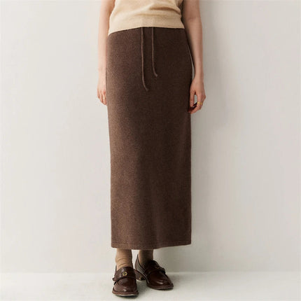 Women's Cashmere Skirts Thicken Autumn Winter Drawstring Slit Straight Long Skirt Casual 100% Cashmere Knitted High Waist Dress PlatiNum
