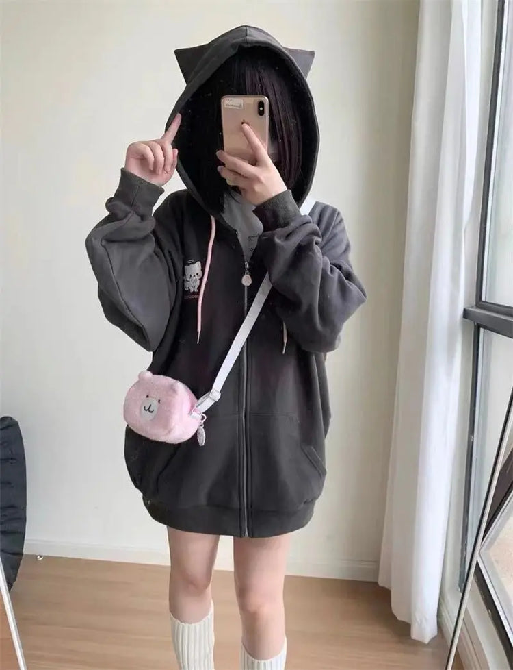 Zipper Hoodie Gothic Cartoon Kawaii Cat Ear Y2k Jacket Zip Up Thin Coat Spring Autumn Cute Core 2000s Clothes Fall Sweatshirts