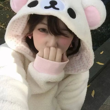 Cute Japan Bear Sleepwear Rilakkuma Y2K Hoodie Pajama Set Girls Fleece Lined Hooded Homewear Suit Autumn Winter Loungewear New