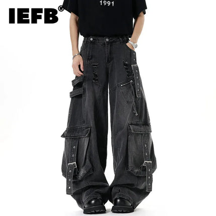 IEFB Jeans da uomo stile americano tinta unita multi tasche pantaloni casual usurati decostruzione pantaloni in denim a gamba larga 9W4066