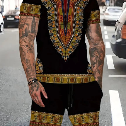 New Men's Two-Piece Suit Fashion Scottish Print Summer O-neck Short Sleeve Polo + Shorts Men's Two-Piece Set
