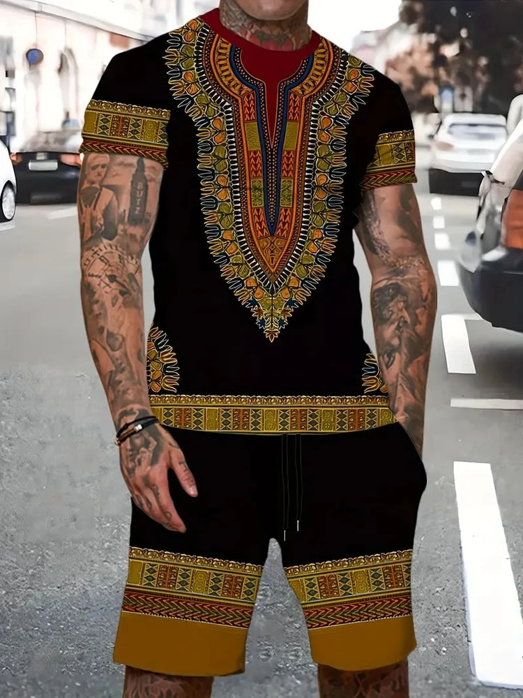 Nuovo vestito da uomo in due pezzi con stampa scozzese moda estate O-colletto Polo a maniche corte + pantaloncini abito da uomo in due pezzi