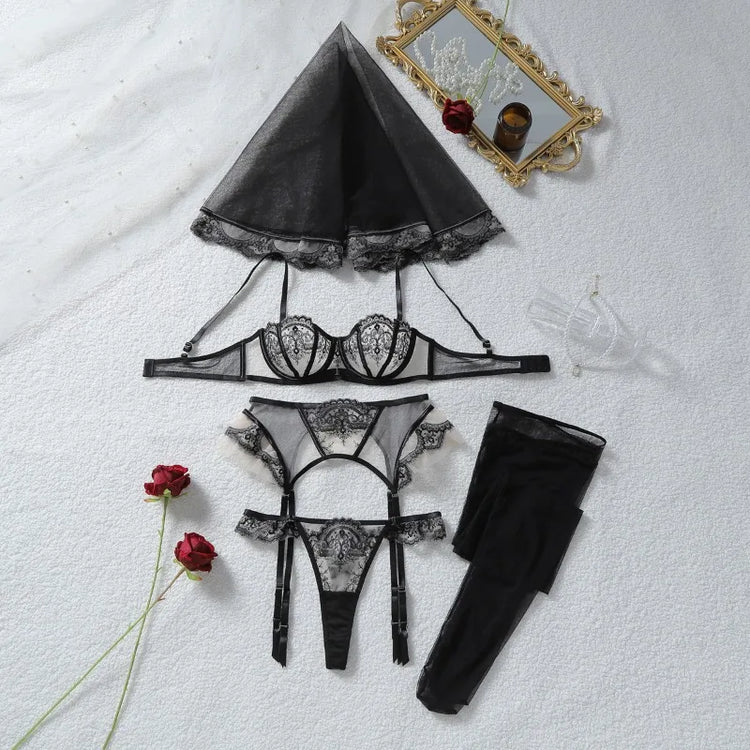 Tornova Erotic Underwear Fashionable See-through Veil with Floral Embroidery Slim-fitting Sexy Hot Underwear Split Five-pieceset