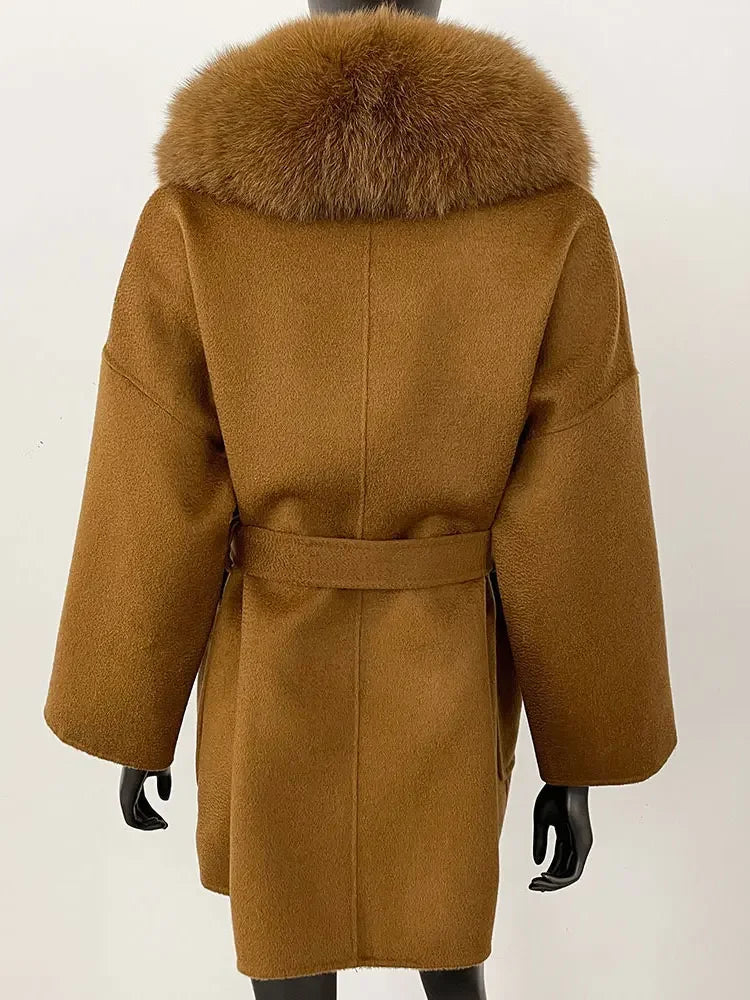 CXFS 2025 Winter Fashion Women Double-sided Wool Cashmere Coat with Detachable Natural Fox Fur Collar New design suit collar