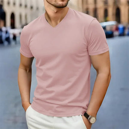 2025 New Men's Casual Fashion Simple V-neck Short Sleeved T-shirt Summer Comfortable Breathable Versatile Top PlatiNum