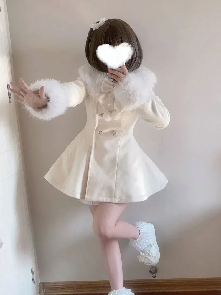 Japanese Autumn Winter Elegant Kawaii Coat Women Faux Fur Collar Long Sleeve Tops Casual Lolita Bow Button Warm Sweet Jacket
