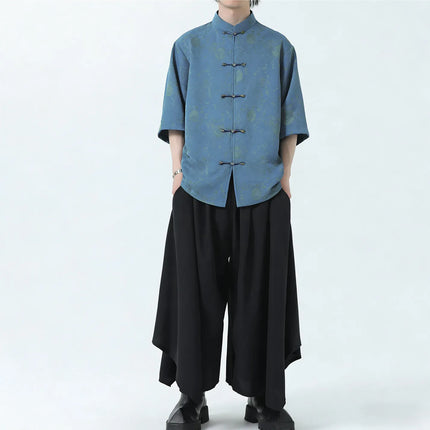 Camicie Estive da Uomo in Stile Cinese Tradizionale, Camicia Casual Kung Fu Tai Chi, Camicia di Lusso Jacquard Traspirante a Maniche Corte