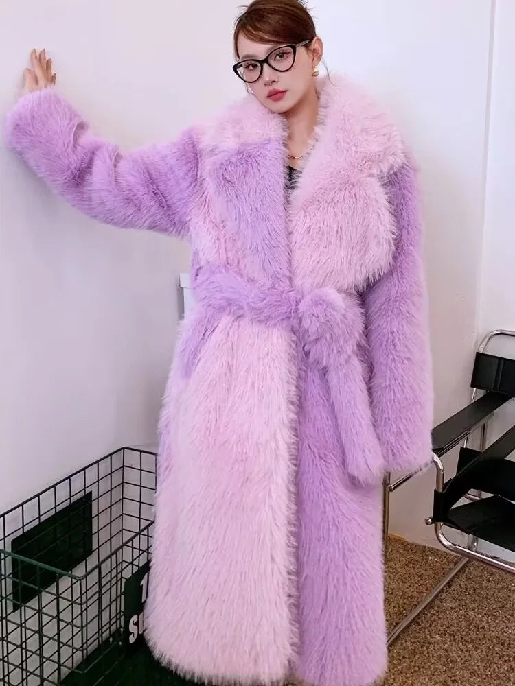 ZADORIN New Spliced Oversize Belted Long Faux Fur Coat Woman Winter Clothes Furry Jacket Fur Faux Coat New in Coats & Jackets