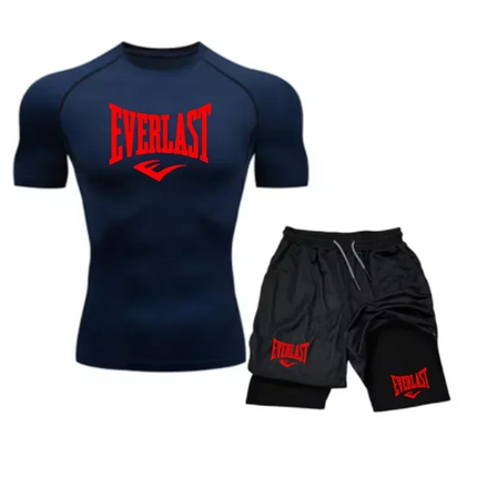 EVERLAST Camicia da Compressione da Uomo + Pantaloncini Sportivi 2 in 1 Set da 2 Pezzi per Il Tempo Libero Respiro Manica Corta Sport Jogging Palestra Marchio di Abbigliamento Stampa platinumshop
