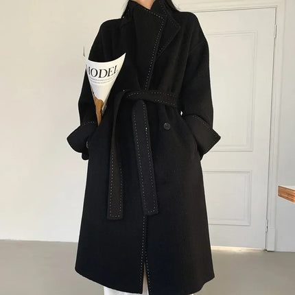 New Solid Korean Style Women Wool Coat Arch Needle Large Neck Versatile Fashion Texture Double Sided Trench Coats Female Winter