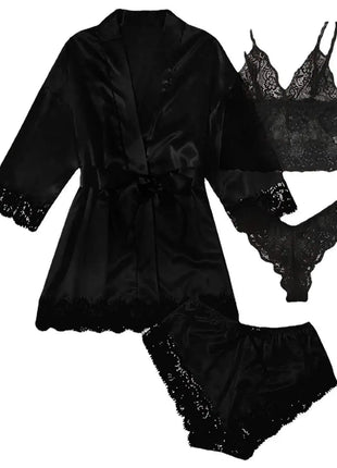 Pigiama da donna lussuoso con scollo a V in 4 pezzi camicia da notte sexy pizzo in raso halter accappatoio in raso di seta camicia da notte per la casa pigiama sexy per la casa platinumshop