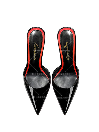 2025 New Black Baotou Sandals for Women, Pointed High Heels,Ultra fine Heels,One Word Back Empty Half Slippers for External Wear