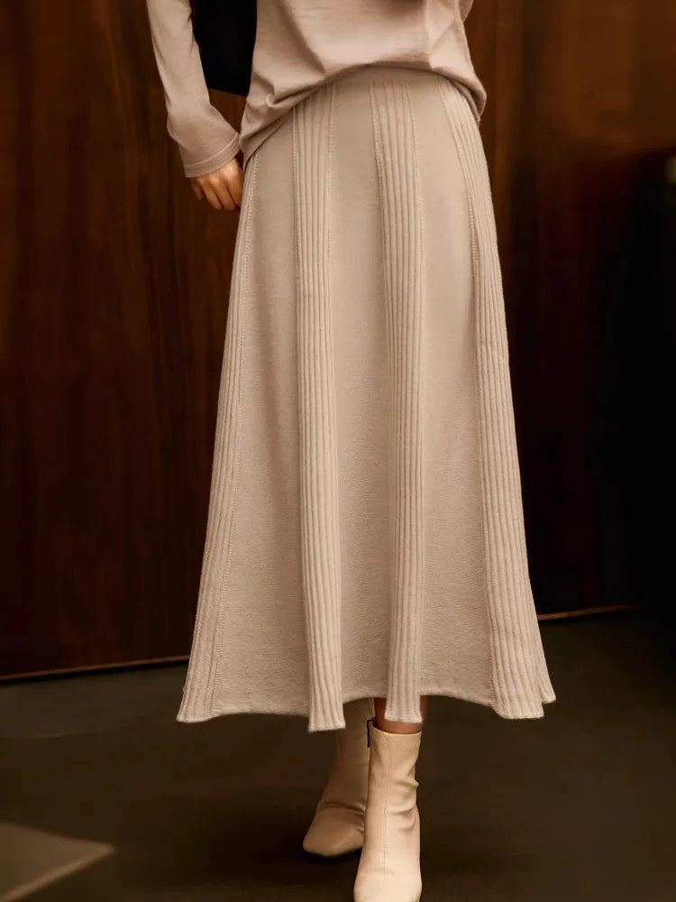 Birdtree,90% Wool 10% Cashmere Knitted Skirt For Women,Mid-Waist Casual Long Skirts,Commuting Style,2026 Spring New D61337JF PlatiNum