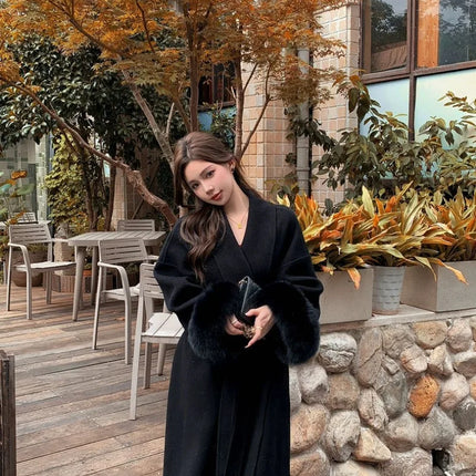 Lace Up Lapel Cashmere Wool Coat For Women's Winter Fashion Female Woolen Jackets Fur Long Sleeve Loose Overcoats