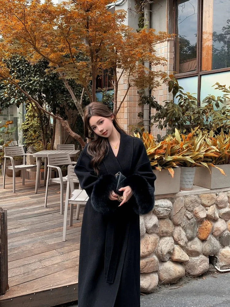 Lace Up Lapel Cashmere Wool Coat For Women's Winter Fashion Female Woolen Jackets Fur Long Sleeve Loose Overcoats